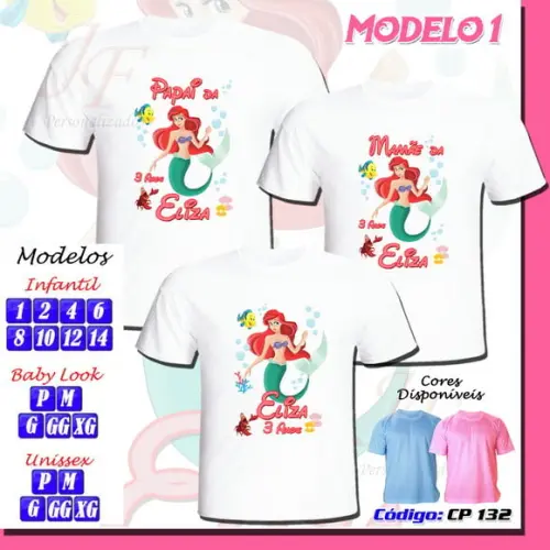Camiseta Adulto Infantil Ariel Pequena Sereia