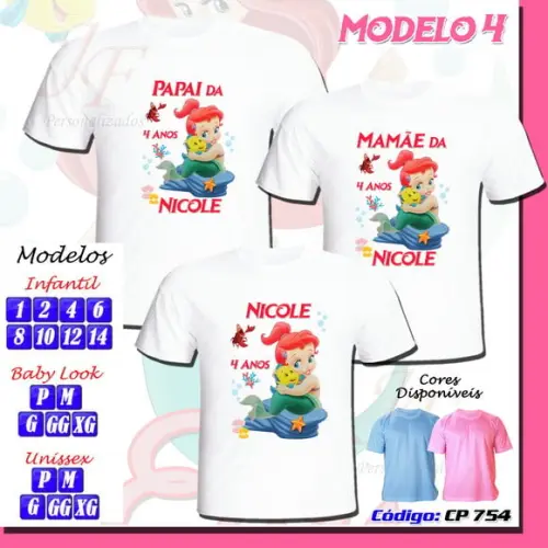 Camiseta Adulto Infantil Ariel Pequena Sereia