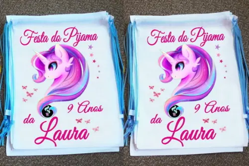Mochilinha Ecobag Personalizada Festa do Pijama Unicórnio