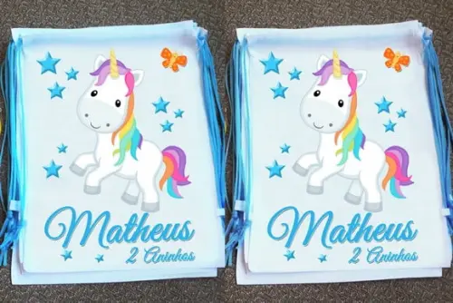 Mochilinha Ecobag Sacochila Personalizada Unicórnio Meninos
