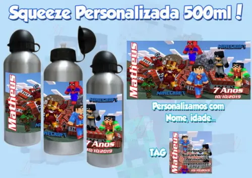 Squeeze Garrafinha Alumínio 500 ml Personalizada Minecraft