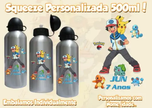 Squeeze Garrafinha Alumínio 500 ml Personalizada Pokemon