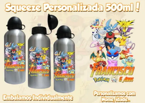 Squeeze Garrafinha Alumínio 500 ml Personalizada Pokemon