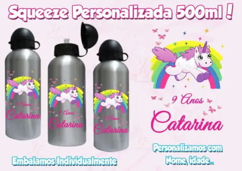 Squeeze Garrafinha Alumínio Personalizada 500 Ml Unicórnio