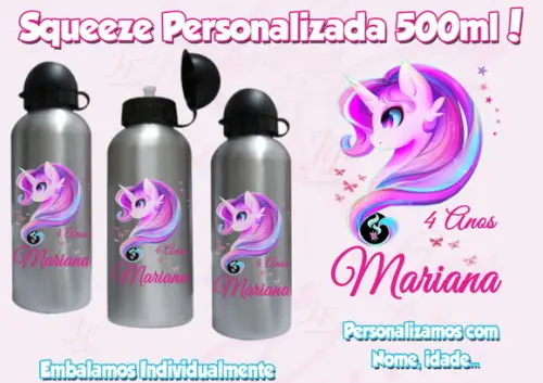 Squeeze Garrafinha Alumínio Personalizada 500 Ml Unicórnio