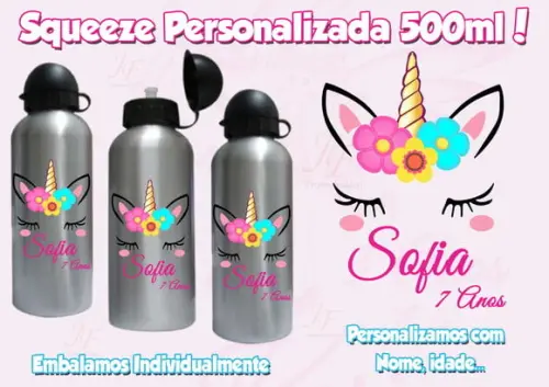 Squeeze Garrafinha Alumínio Personalizada 500 Ml Unicórnio