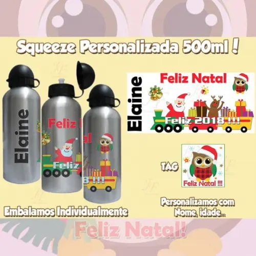 Squeeze Garrafinha Alumínio Personalizada Natal Ano Novo