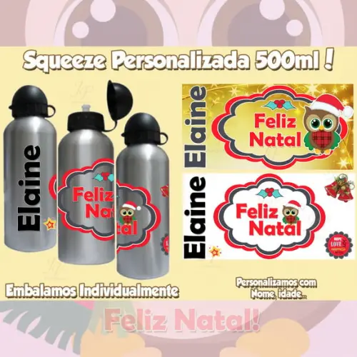 Squeeze Garrafinha Alumínio Personalizada Natal Ano Novo