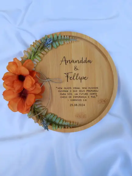 Porta Alianças de Bambu 20cm com Arranjo Flores Permanentes
