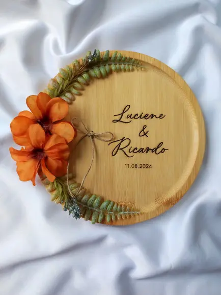Porta Alianças de Bambu 20cm com Arranjo Flores Permanentes