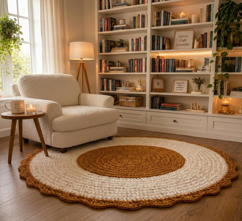 Tapete Crochê Redondo Branco E Caramelo Luxo Artesanal Quarto Sa