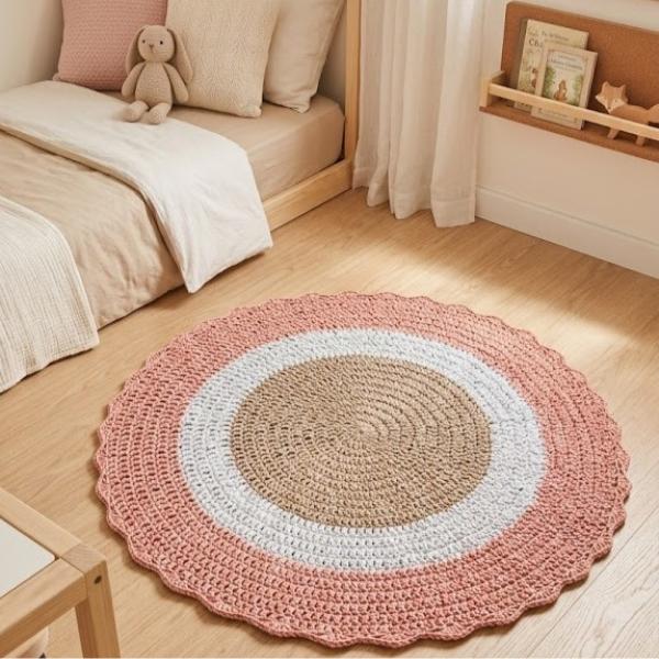 Tapete Crochê Redondo Rosa Branco E Bege Quarto Menina