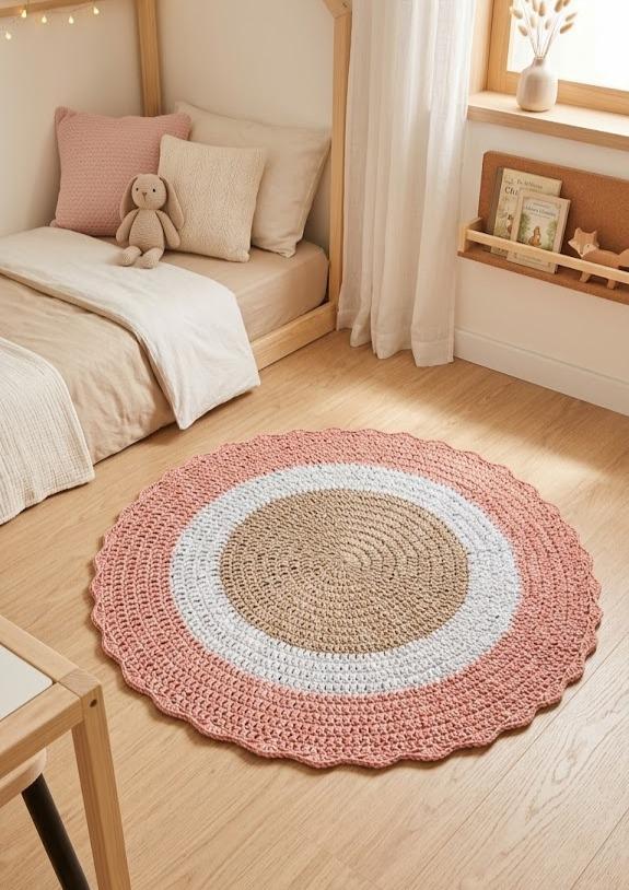 Tapete Crochê Redondo Rosa Branco E Bege Quarto Menina