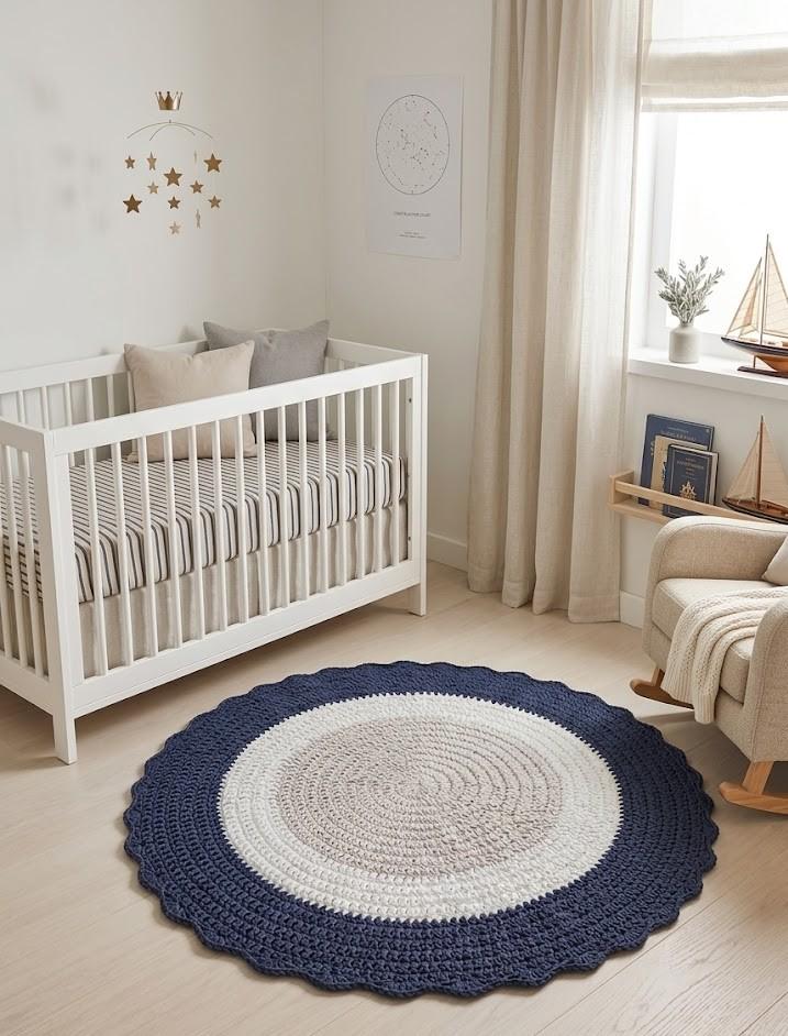 Tapete De Crochê Redondo Cinza Azul E Branco Quarto Menino