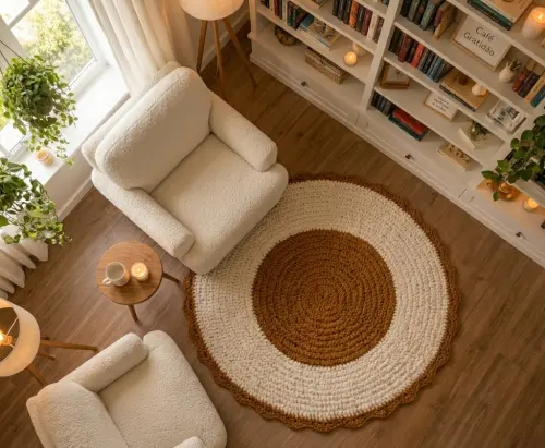 Tapete Crochê Redondo Branco E Caramelo Luxo Artesanal Quarto Sa