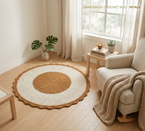 Tapete Crochê Redondo Branco E Caramelo Luxo Artesanal Quarto Sa