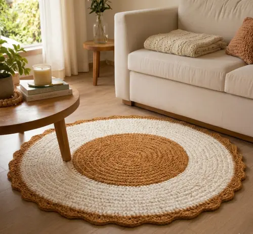 Tapete Crochê Redondo Branco E Caramelo Luxo Artesanal Quarto Sa