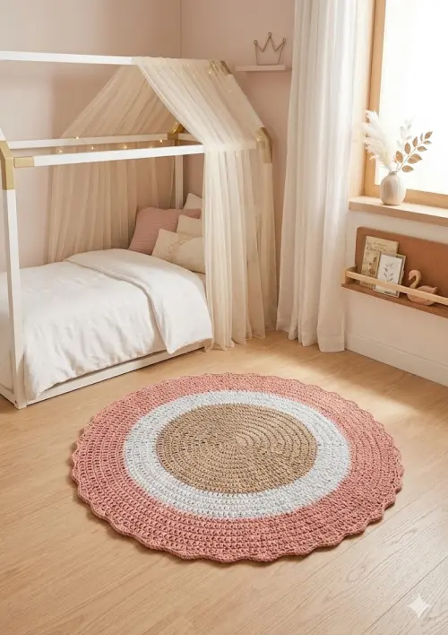 Tapete Crochê Redondo Rosa Branco E Bege Quarto Menina Bebê Artesanal Fio de Malha 1mt