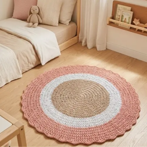 Tapete Crochê Redondo Rosa Branco E Bege Quarto Menina
