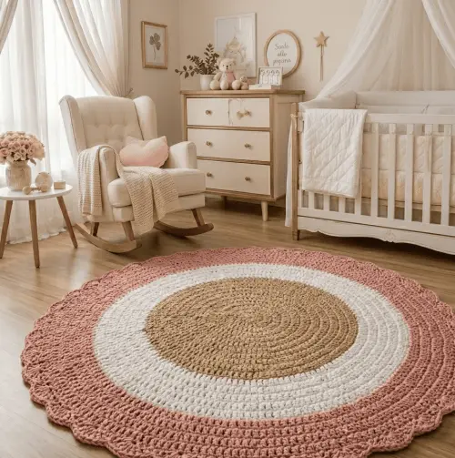 Tapete Crochê Redondo Rosa Branco E Bege Quarto Menina