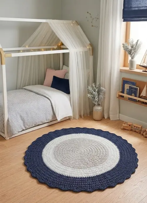 Tapete De Crochê Redondo Cinza Azul E Branco Quarto Menino