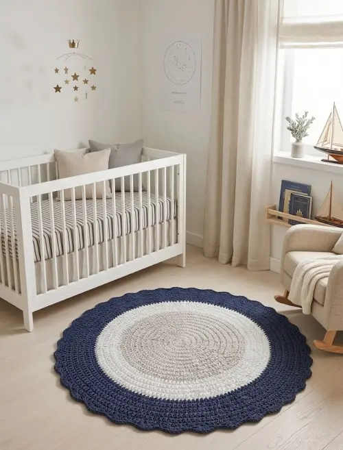 Tapete De Crochê Redondo Cinza Azul E Branco Quarto Menino