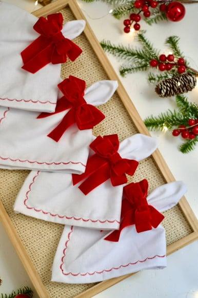 Porta Guardanapo Laço de Natal Veludo Vermelho 6 Peças