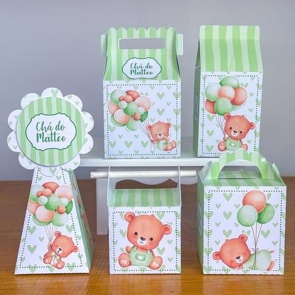 30 Itens Personalizados Caixinhas p/ Festas Ursinho Verde 1