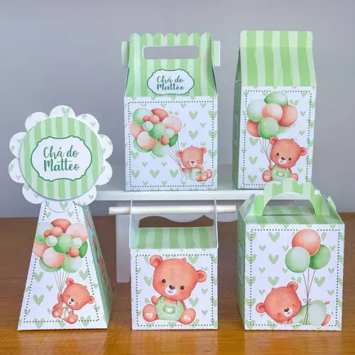 20 Itens Personalizados Caixinhas p/ Festas Ursinho Verde 1