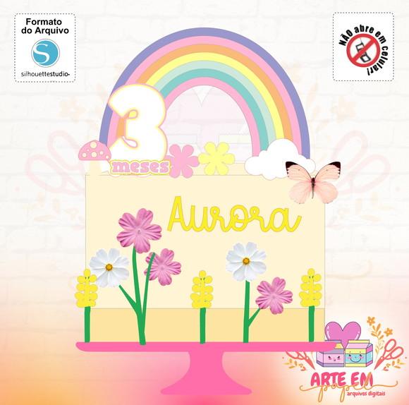 Arquivo de Corte: Topo de Bolo Arcoi Iris com Flores