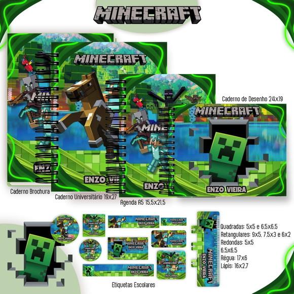 Volta às Aulas Kit Agenda e Etiquetas Escolares Minecraft