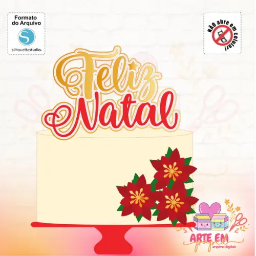 Arquivo Corte: Topo de Bolo Feliz Natal + Flores 004