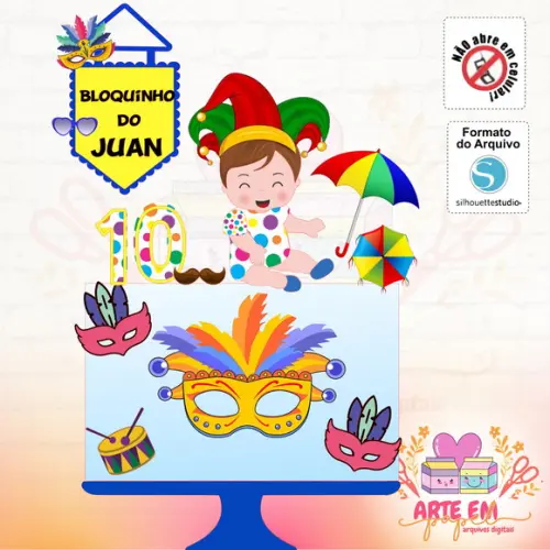 Arquivo de Corte: Topo de Bolo Bloquinho Carnaval Menino 003