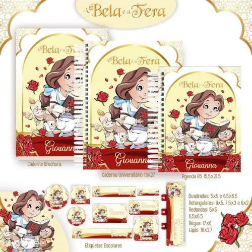Kit Agenda e Etiquetas Escolares da Bela e a Fera