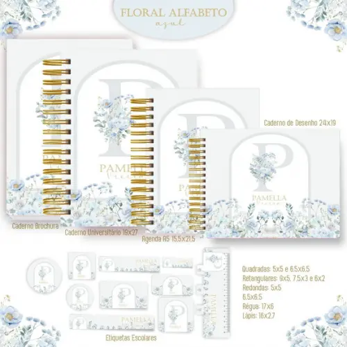 Kit Agenda e Etiquetas Escolares Alfabeto Floral