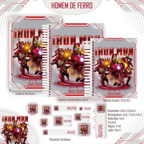 Kit Agenda e Etiquetas Escolares Homem de Ferro