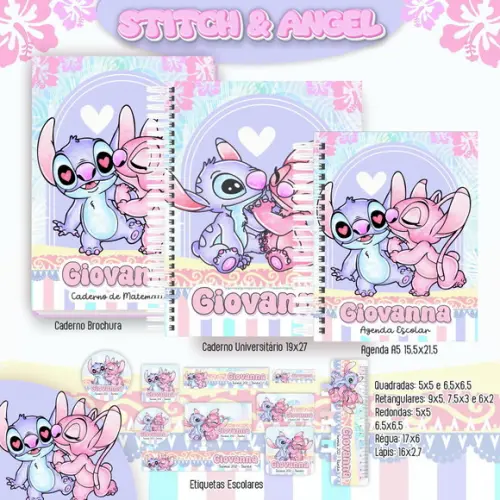 Kit Agenda e Etiquetas Escolares Stitch e Angel