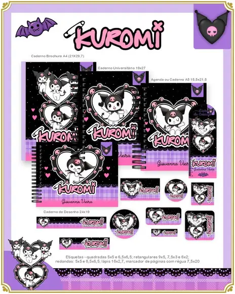 Volta às Aulas Kit Agenda e Etiquetas Escolares da Kuromi