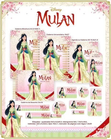 Volta às Aulas Kit Agenda e Etiquetas Escolares da Mulan