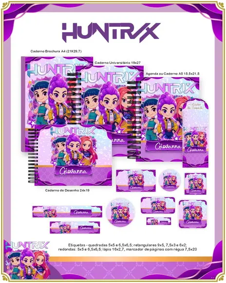 Volta às Aulas Kit Agenda e Etiquetas Escolares das Huntrix
