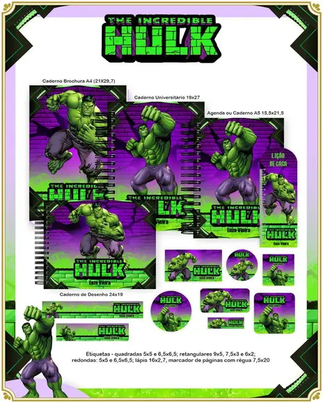 Volta às Aulas Kit Agenda e Etiquetas Escolares do Hulk