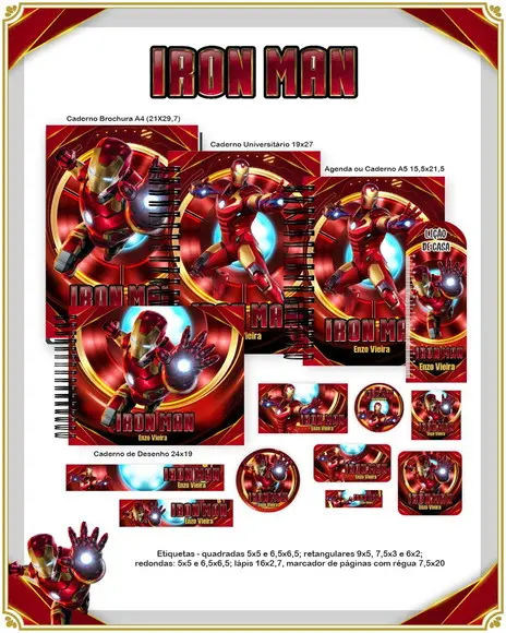 Volta às Aulas Kit Agenda e Etiquetas Escolares do Iron Man
