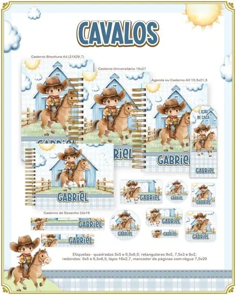 Volta às Aulas Kit Agenda e Etiquetas Escolares dos Cavalos
