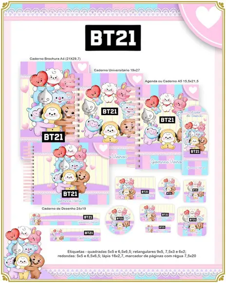 Volta às Aulas Kit Agenda e Etiquetas Escolares dos Bt21