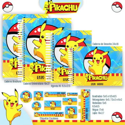 Volta às Aulas Kit Agenda e Etiquetas Escolares Pikachu