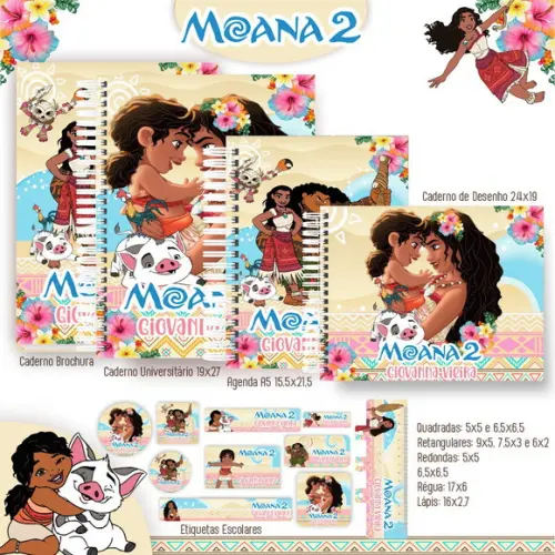 Volta às Aulas Kit Agenda e Etiquetas Escolares Moana 2