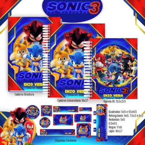 Volta às Aulas Kit Agenda e Etiquetas Escolares Sonic