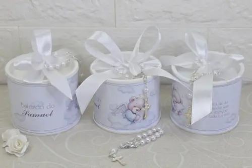 Tubo Lata Personalizado Batizado Ursinho + Mini Terço