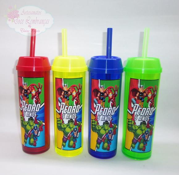 Copo Long Drink c/ Canudo e Tampa Os Vingadores