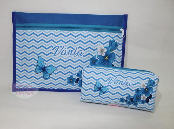 Kit Pasta Envelope e Estojo Floral Azul